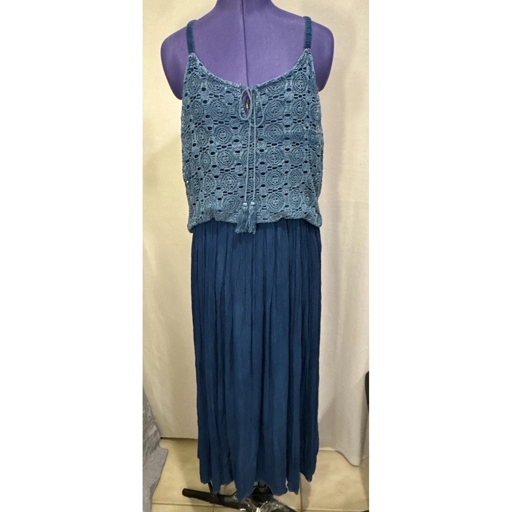 Studio West Apparel Crochet Tassel Tie Denim Blue Maxi Cotton Dress Boho Sz XL